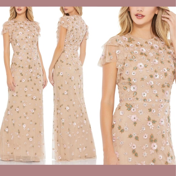 NEW $538 Mac Duggal‎ [ 6 ] Embellished High Neck Flutter Sleeve Gown Nude - Picture 1 of 14